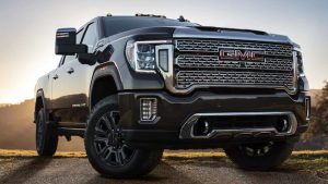 Up close photo of a 2021 GMC Sierra HD. 